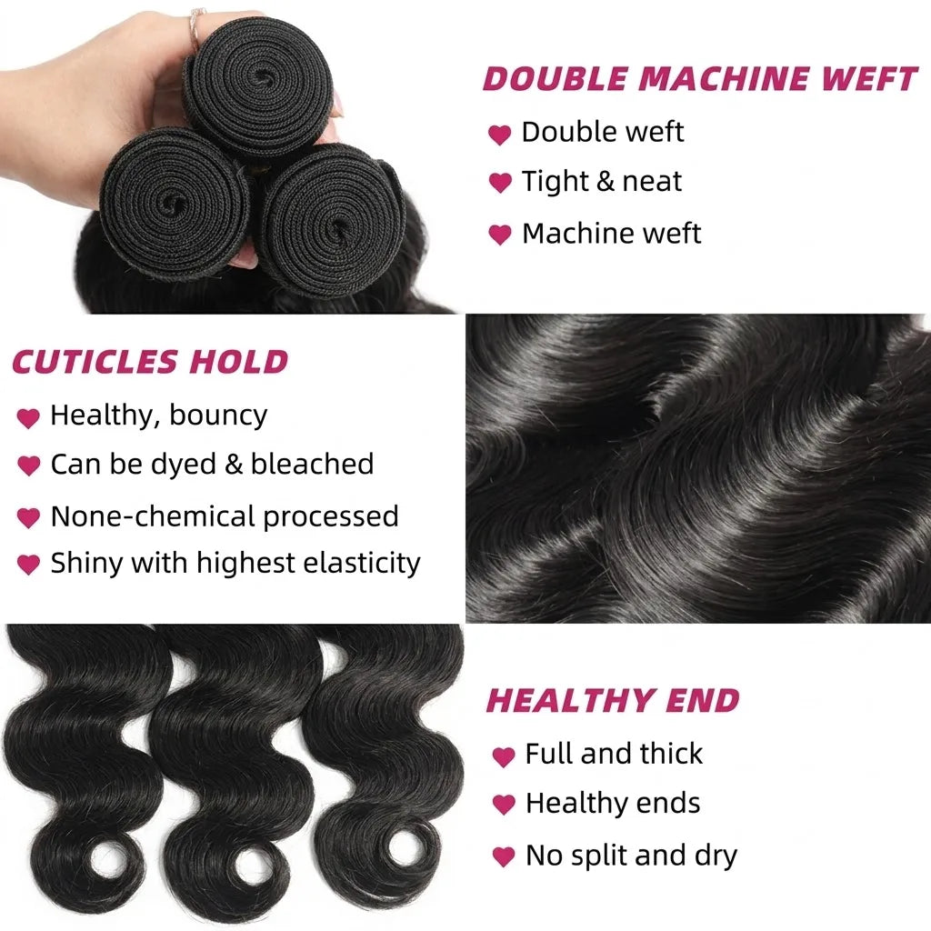 14A Body Wave Human Hair Bundles – Brazilian Natural Black Virgin Hair Weave Extensions (3–4 Bundles Set)