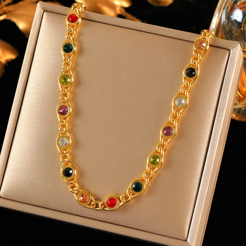 Elegant Stainless Steel Necklace & Bracelet Set with Colored Zircon