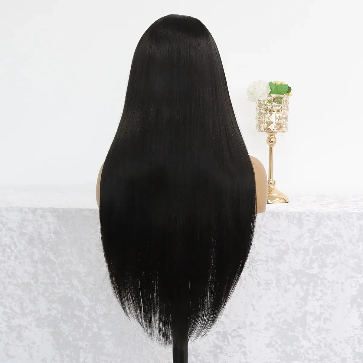 Long Straight Synthetic Lace Frontal Wig - 24” HD Lace, Heat Resistant Fiber, Natural Black