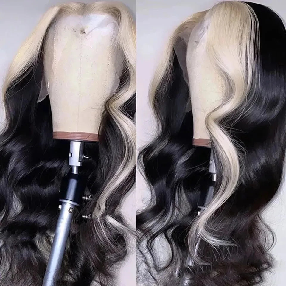 HD Transparent 13x4 Lace Frontal Wig – Ombre Blonde Body Wave (Blue Highlight)