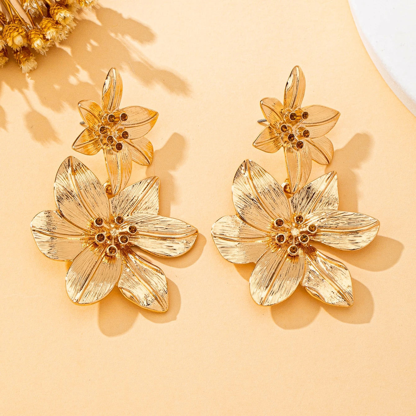 Floral Rhinestone Statement Dangle Earrings | Bold Alloy Flower Drop Jewelry