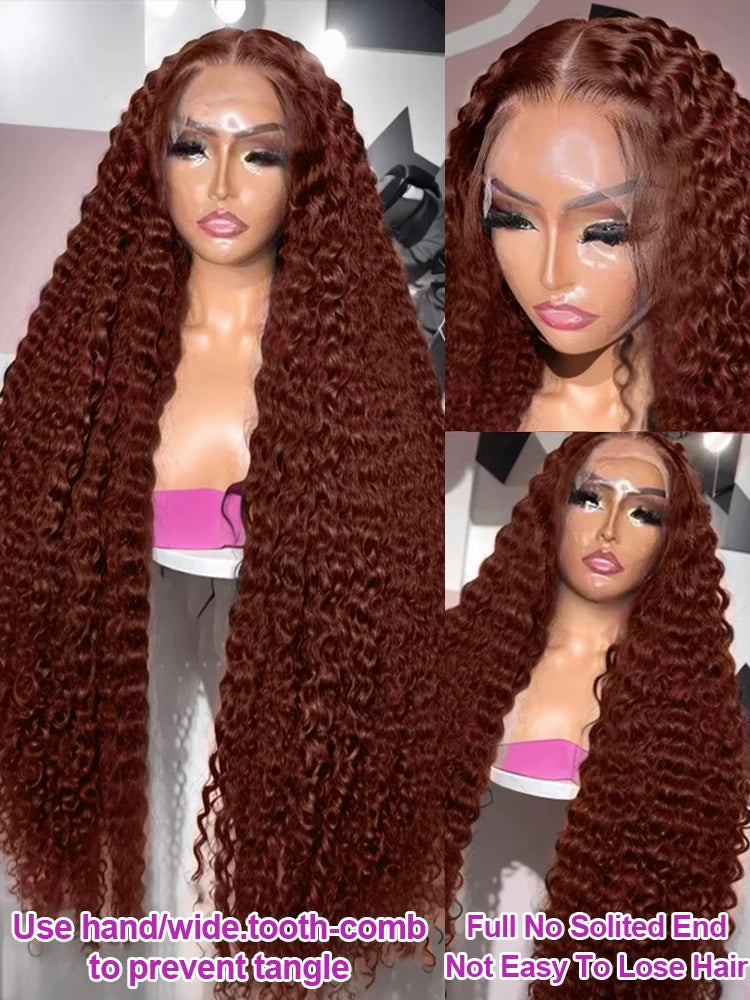 Chocolate Brown Deep Curly HD Lace Frontal Wig – 13x4 / 13x6 Water Wave Human Hair Wig (30–36 Inch)