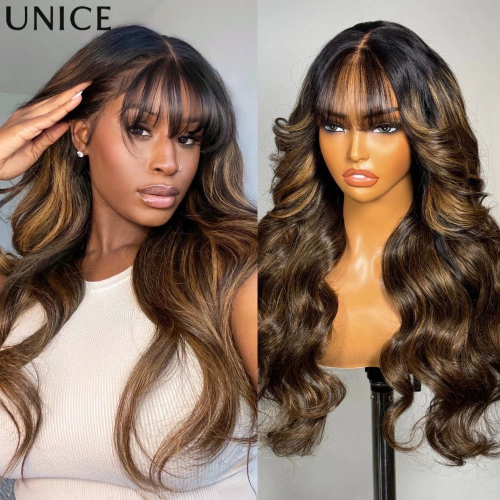 Balayage Highlight Loose Wave Human Hair Lace Frontal Wig with Curtain Bangs
