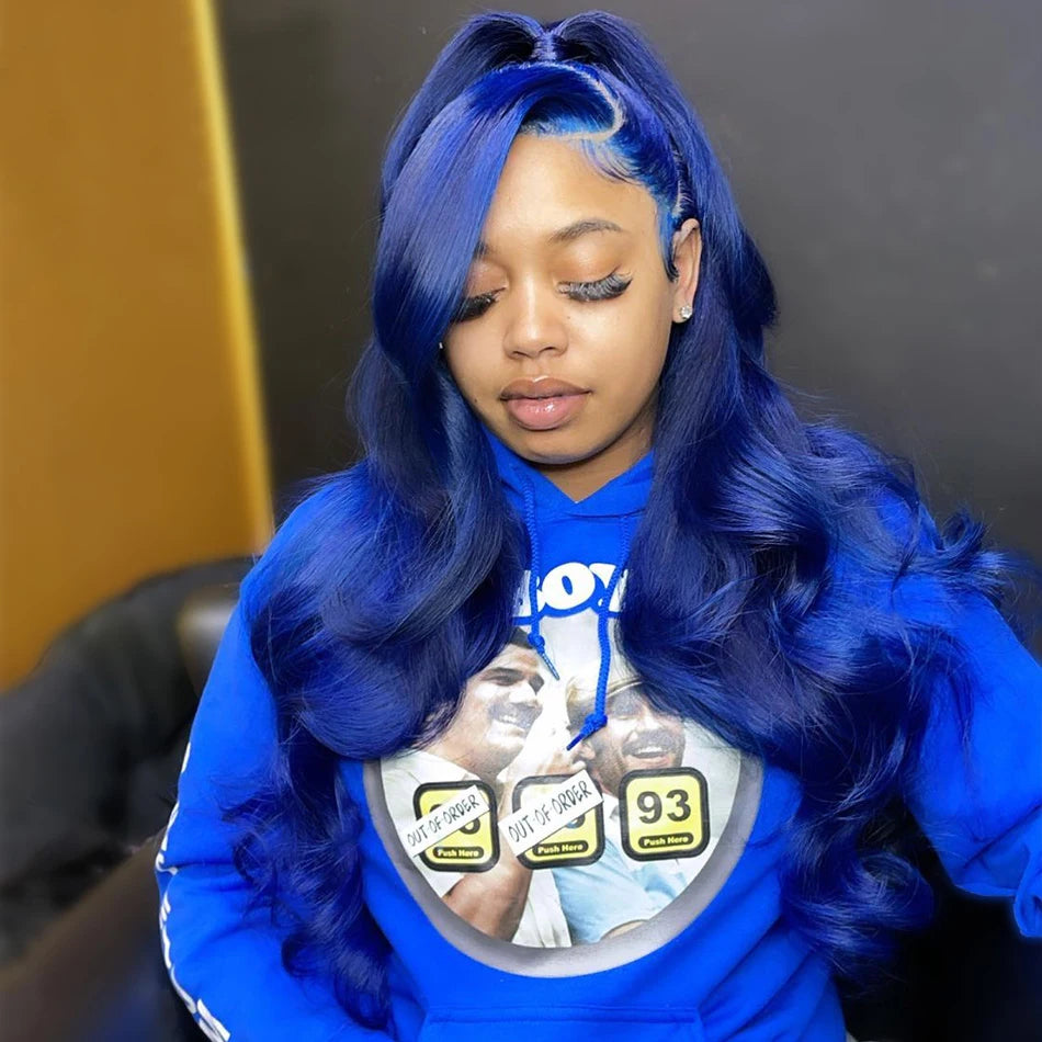 Royal Blue Body Wave HD Transparent Lace Frontal Wig – Pre-Plucked Brazilian Human Hair