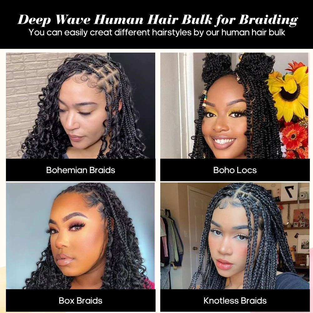 10A Brazilian Deep Wave Bulk Human Hair for Boho Braids - 2 Bundles (100g) - 14 Inch Virgin Hair for Braiding