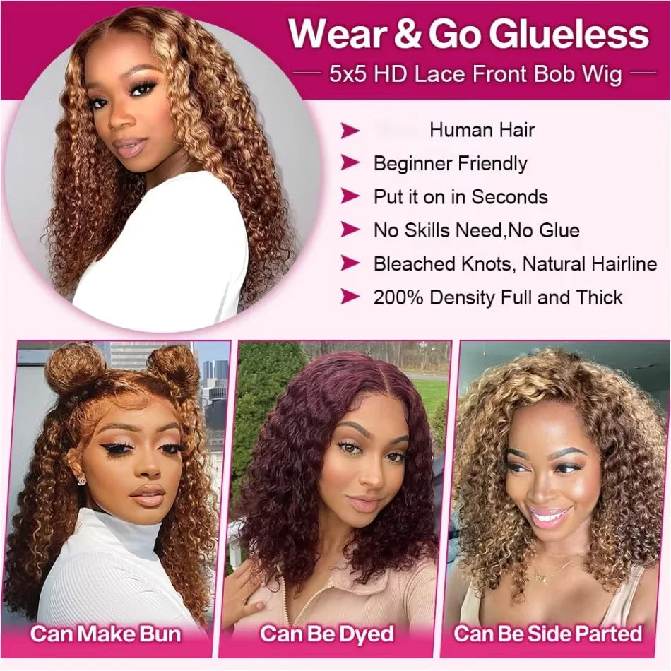 Glueless P427 Highlight Ombre Curly Bob: 5x5 HD Lace Closure Human Hair Wig