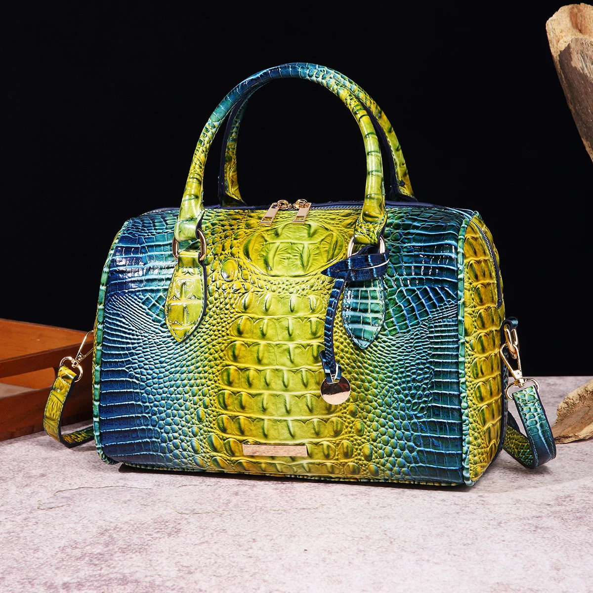Ombre Crocodile Embossed Leather Boston Bag - Classic Satchel Handbag & Crossbody Purse for Women - Croc-Effect Top Handle Bag