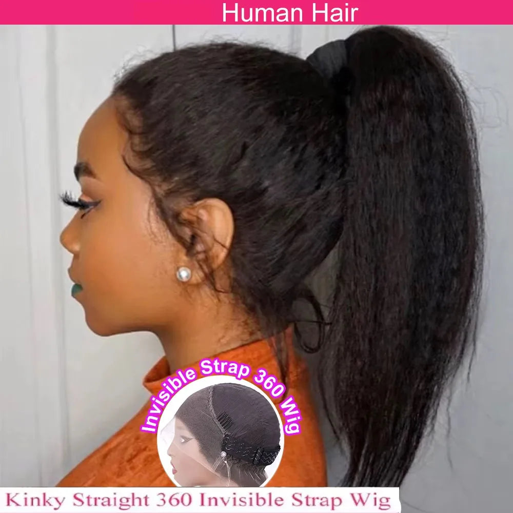 Kinky Straight 360 HD Lace Frontal Wig – Invisible Strap & Glueless Human Hair for High Ponytails