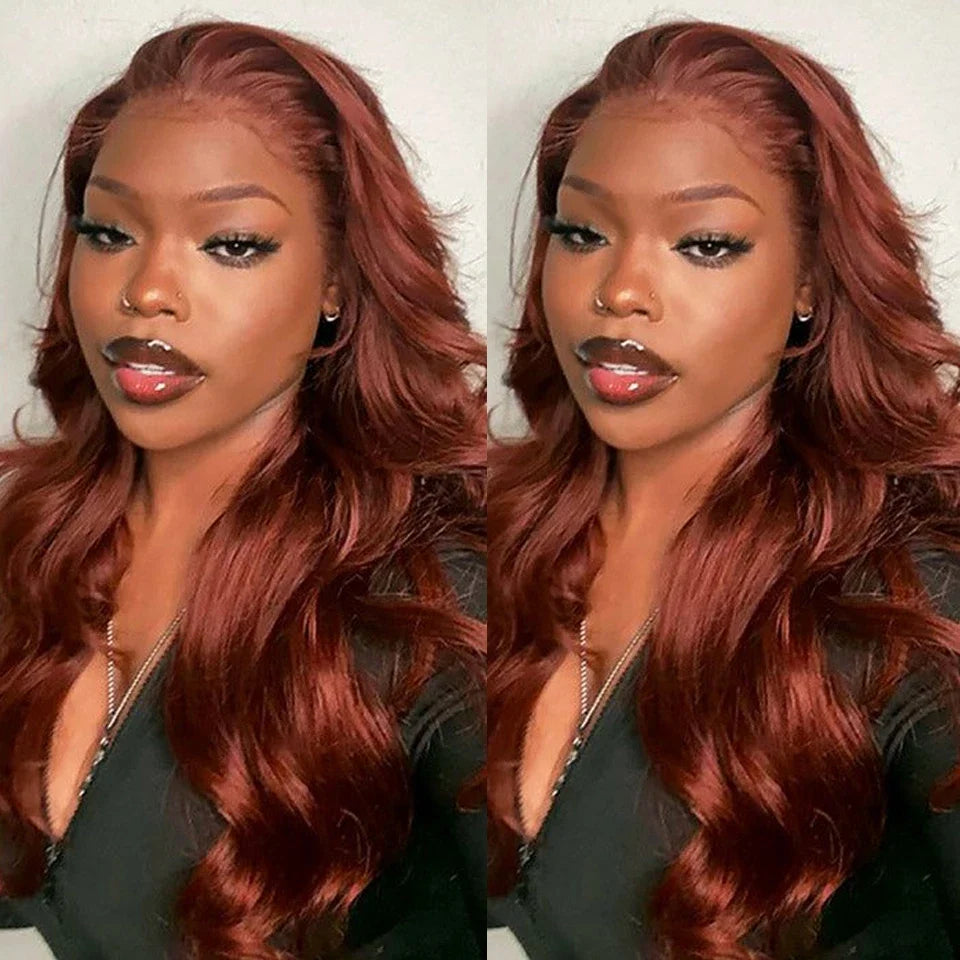 Reddish Brown Body Wave Human Hair Lace Front Wig – Glueless, Pre-Plucked, 180% Density (13x6 / 13x4 HD Lace)