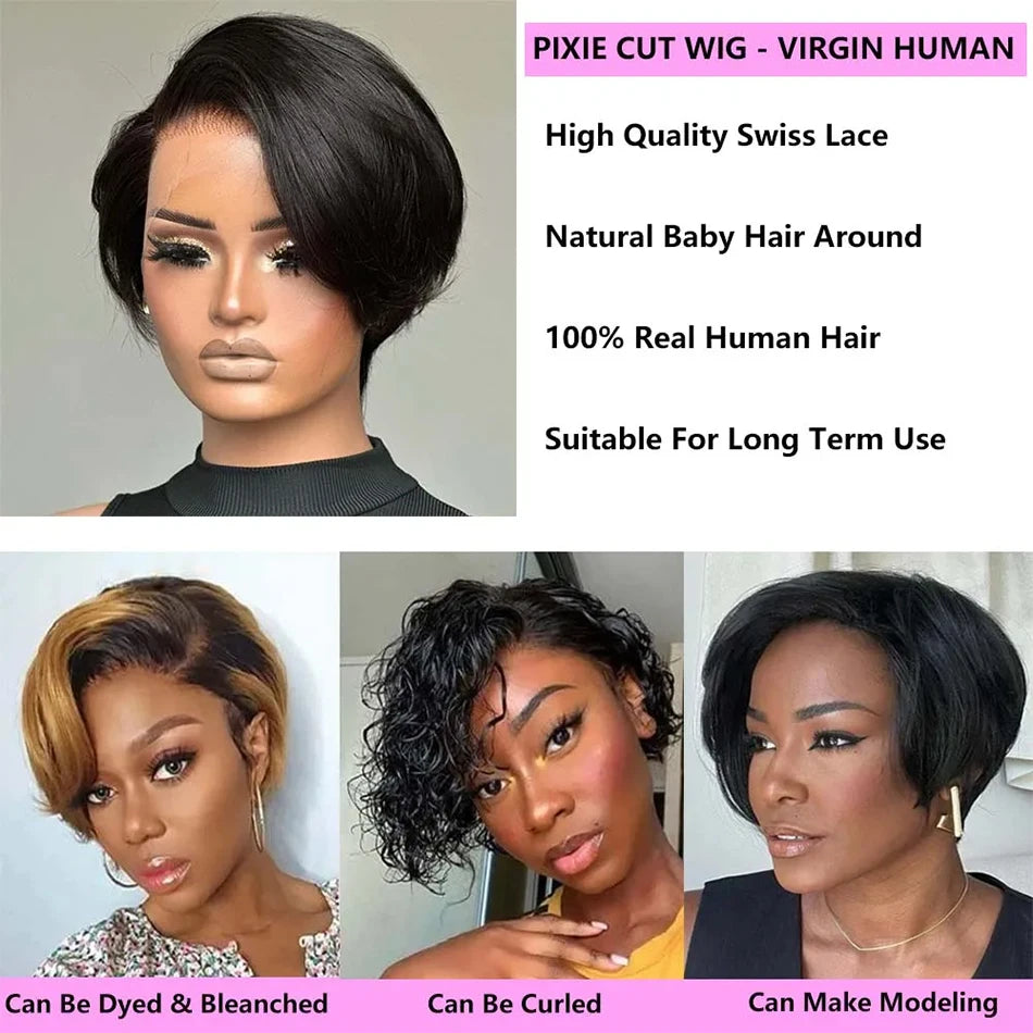 13x4 HD Transparent Lace Front Pixie Wig – 250% Heavy Density Short Straight Human Hair