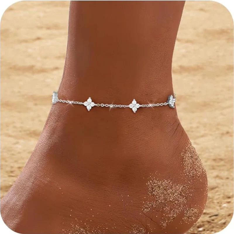 Luxury 925 Sterling Silver Clover Anklet – Dainty CZ Crystal Lucky Flower Charm Foot Jewelry for Women