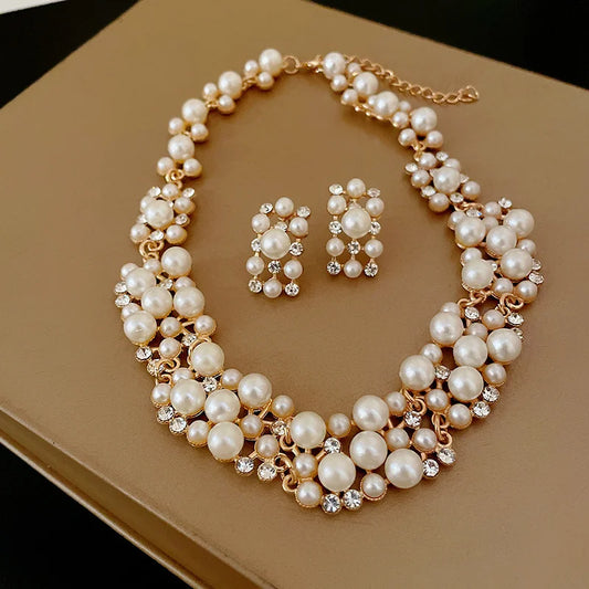 Vintage Pearl & Rhinestone Jewelry Set | Matching Choker Necklace & Earrings
