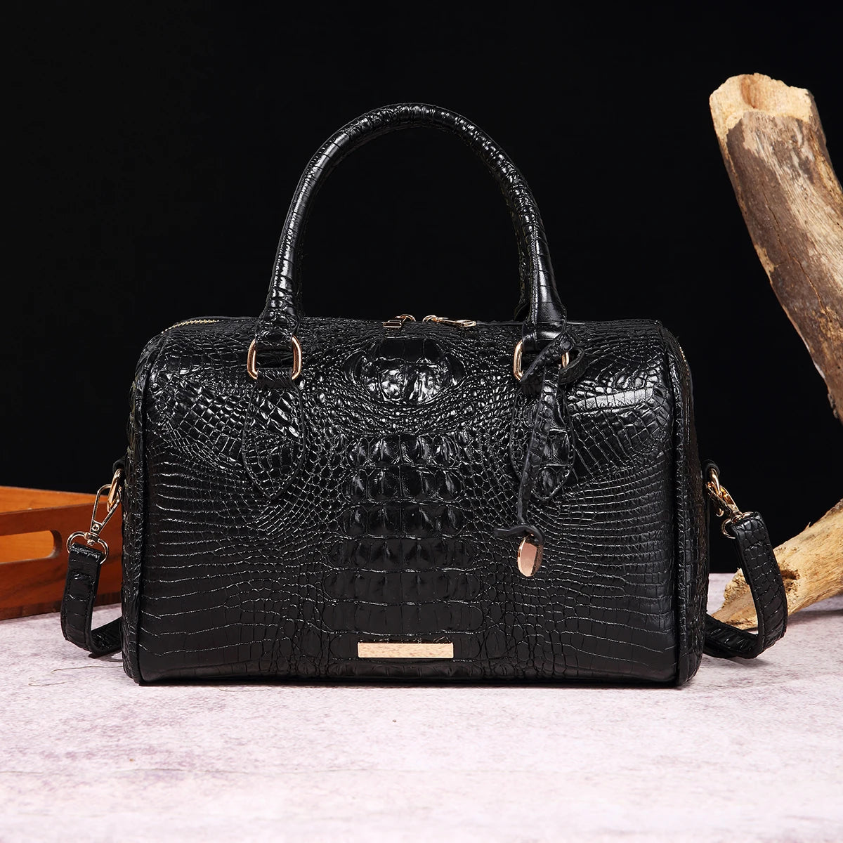 Ombre Crocodile Embossed Leather Boston Bag - Classic Satchel Handbag & Crossbody Purse for Women - Croc-Effect Top Handle Bag