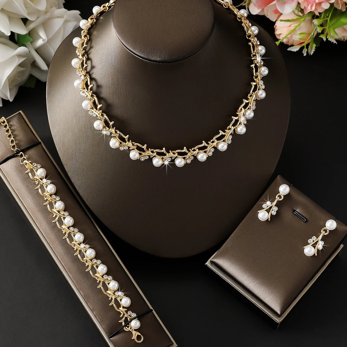 Elegance Pearl & Rhinestone Bridal Jewelry Set (4-Piece)