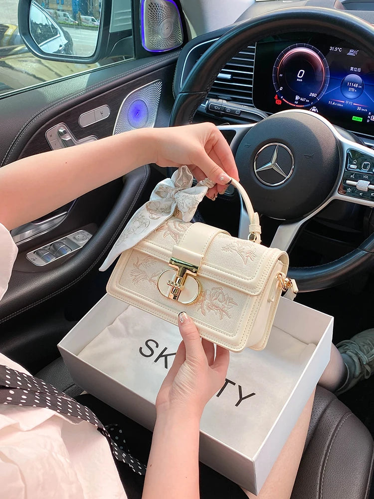 Luxury Vanity Case – Elegant Chinoiserie Bag with Silk Scarf Handle & Charming Accents – Versatile Handheld Crossbody