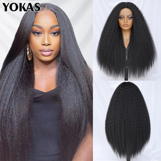 28-Inch Synthetic Kinky Straight T-Part Lace Wig | Heat Resistant Fiber