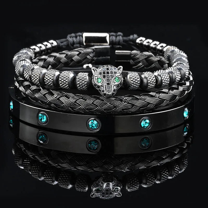 Leopard Head Black Stone Bead & Roman Bangle Jewelry Set