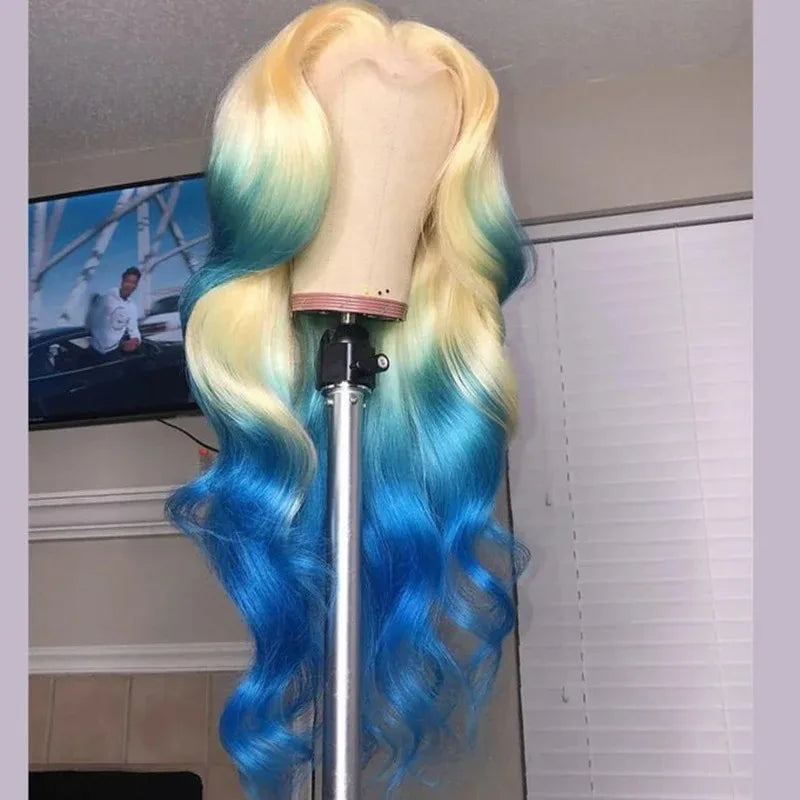 HD Transparent 13x4 Lace Frontal Wig – Ombre Blonde Body Wave (Blue Highlight)