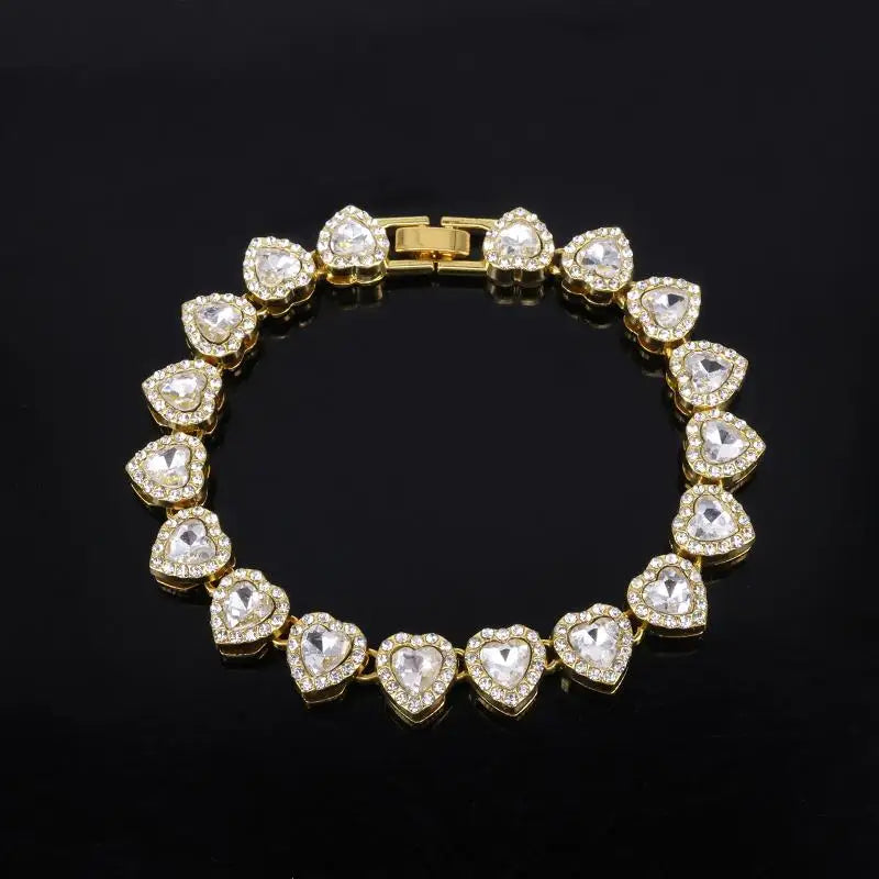 45cm CZ Heart Tennis Chain Set – Shiny Rhinestone Necklace & Bracelet Hip Hop Party Jewelry