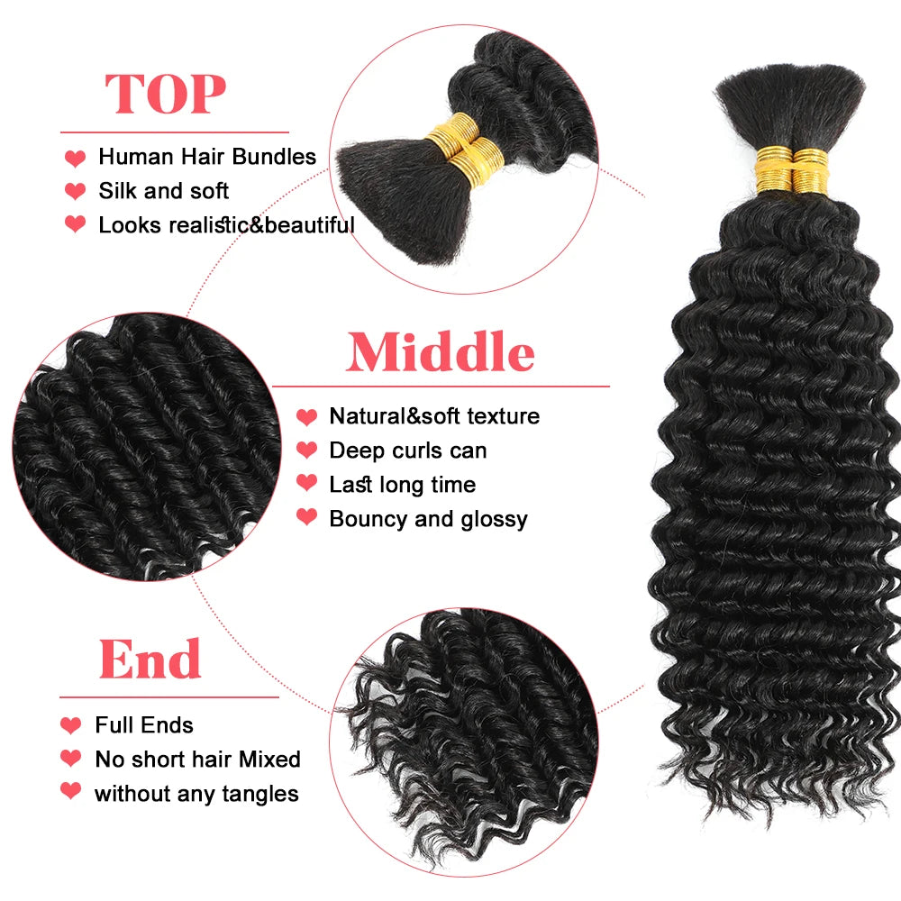 Human Braiding Hair for Boho Braids - 100g Deep Wave Bulk Human Hair (No Weft)