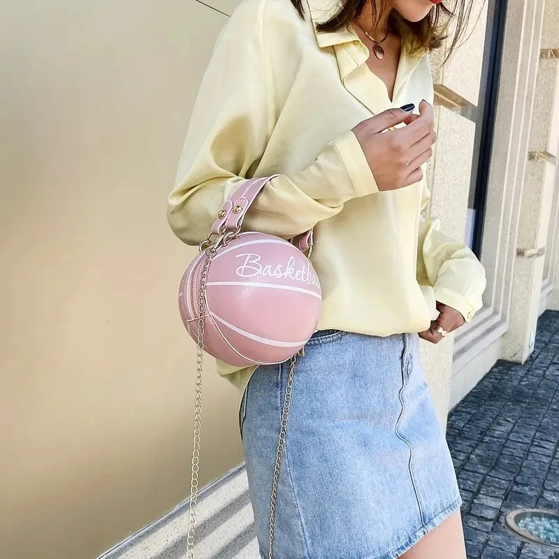 Women’s Fashion Basketball Shoulder Bag – Letter Print PU Leather Crossbody with Chain Strap