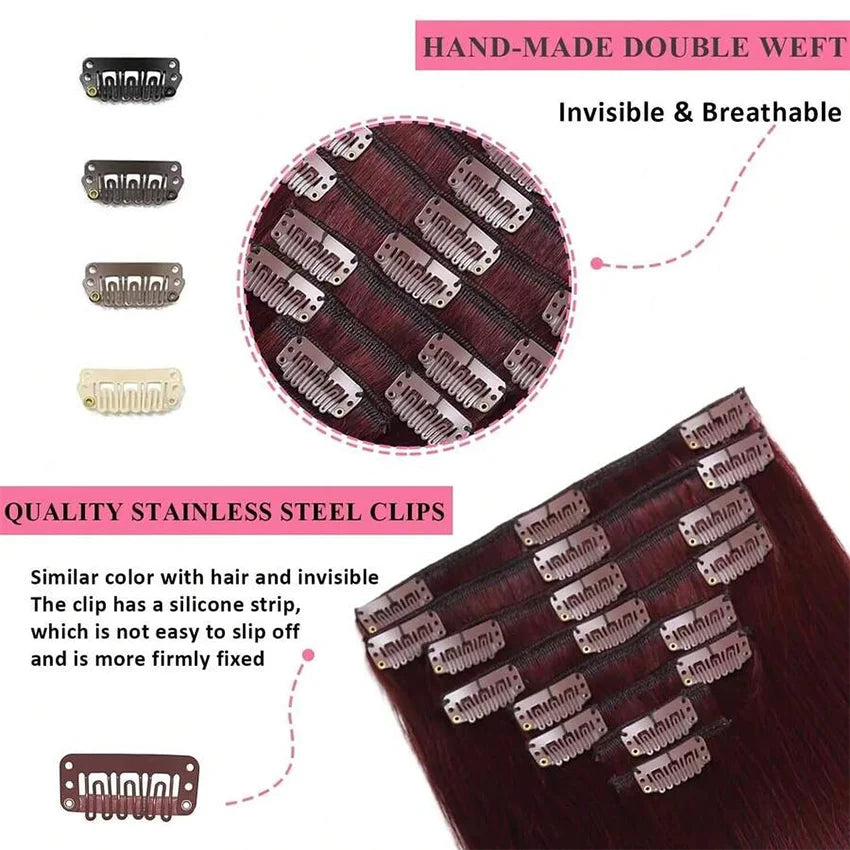 99J Burgundy Seamless Clip-in Human Hair Extensions | 7-Piece Brazilian Straight (120g)