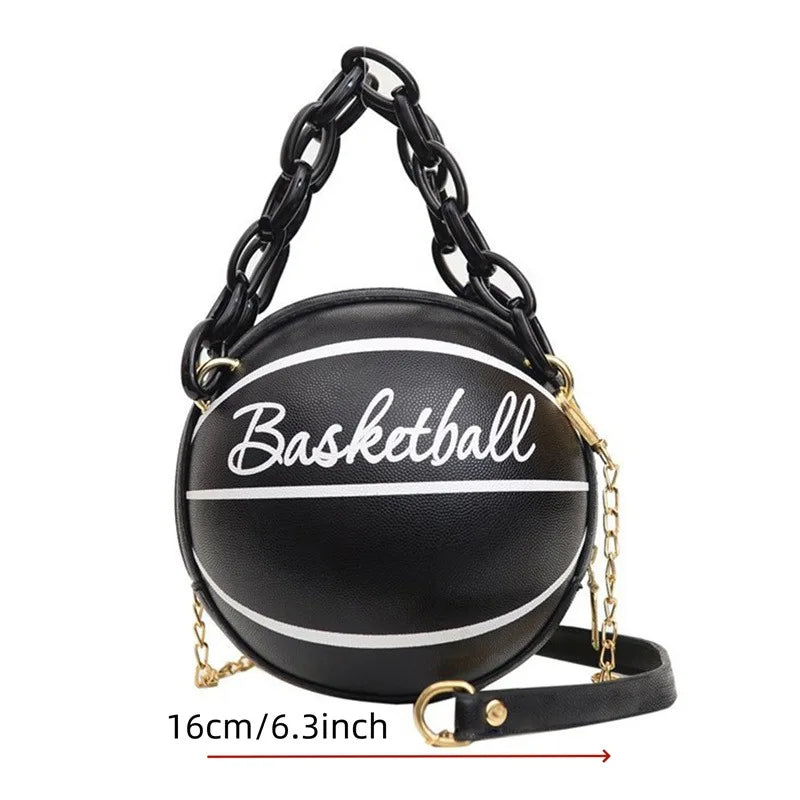 Women’s Fashion Basketball Shoulder Bag – Letter Print PU Leather Crossbody with Chain Strap