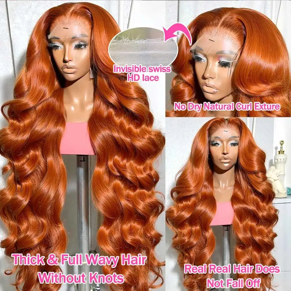Ginger Orange Wet and Wavy Lace Front Human Hair Wig – 30-34 Inch HD 13x4 Frontal