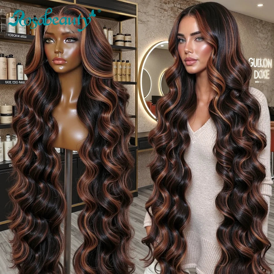 HD Lace Frontal Wig: 30" Body Wave Human Hair with Brown Highlights (220% Density)