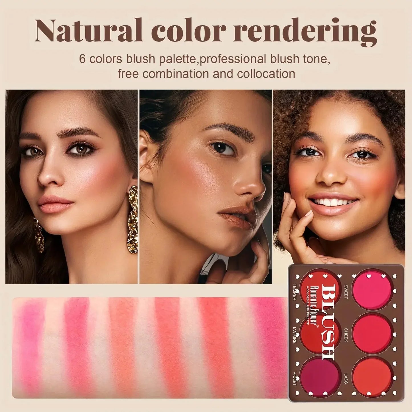 6-Color Matte Blush Palette - Waterproof & Long-Lasting Face Makeup - Natural Finish, Medium Buildable Coverage