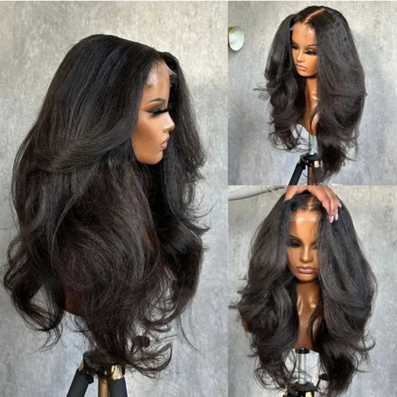 26" Yaki Kinky Straight Lace Front Wig – 180% Density Pre-Plucked Synthetic Hair
