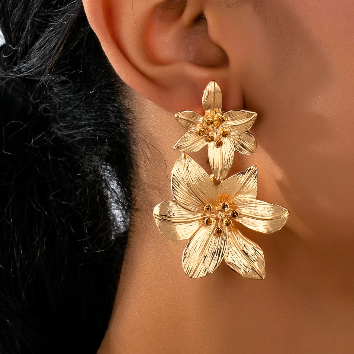 Floral Rhinestone Statement Dangle Earrings | Bold Alloy Flower Drop Jewelry