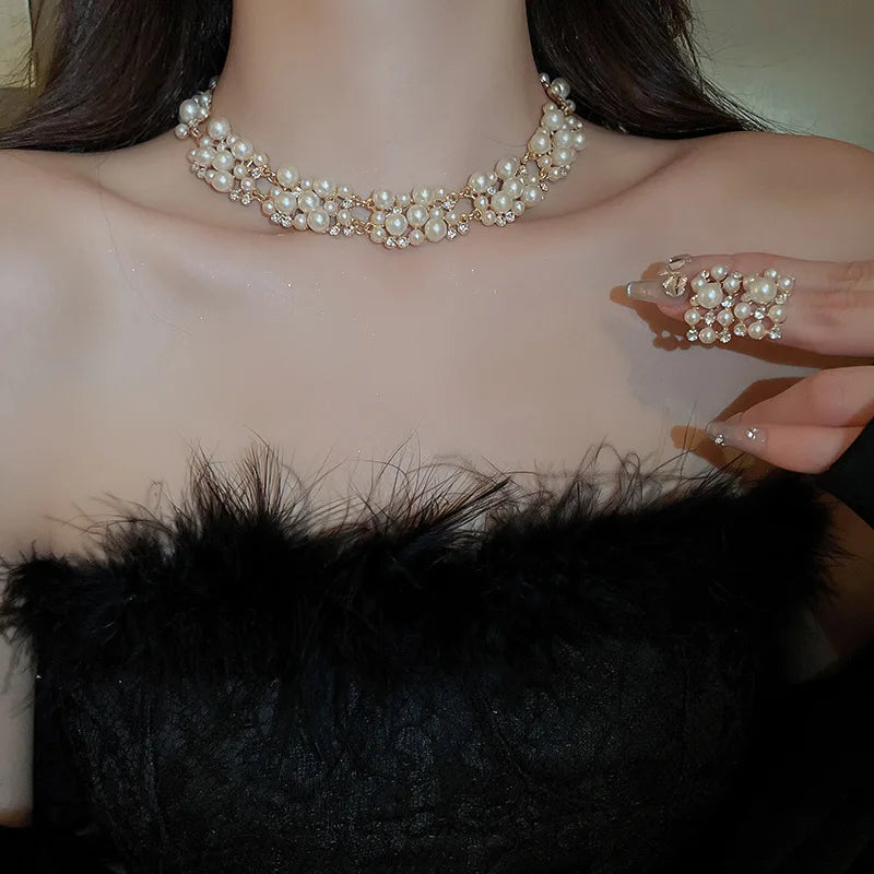 Vintage Pearl & Rhinestone Jewelry Set | Matching Choker Necklace & Earrings