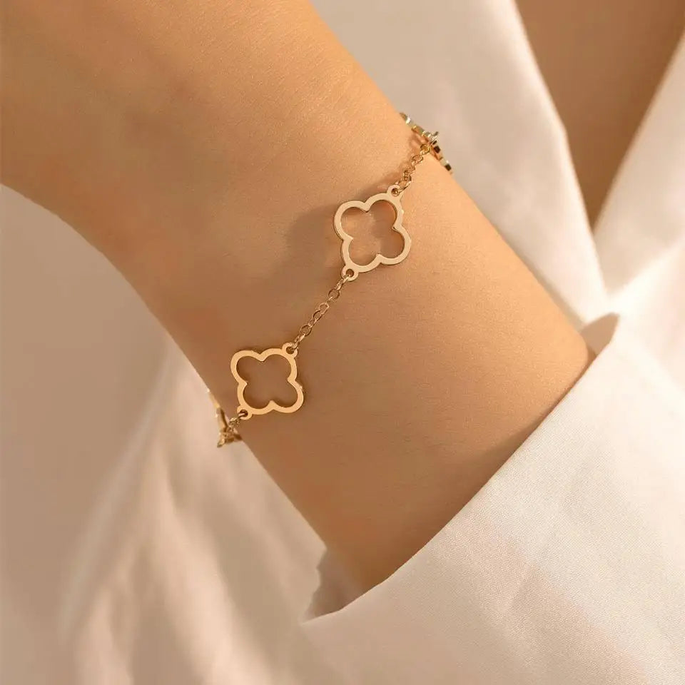 Lucky Clover & Heart Matching Bracelet Set - Stainless Steel Zircon Stack