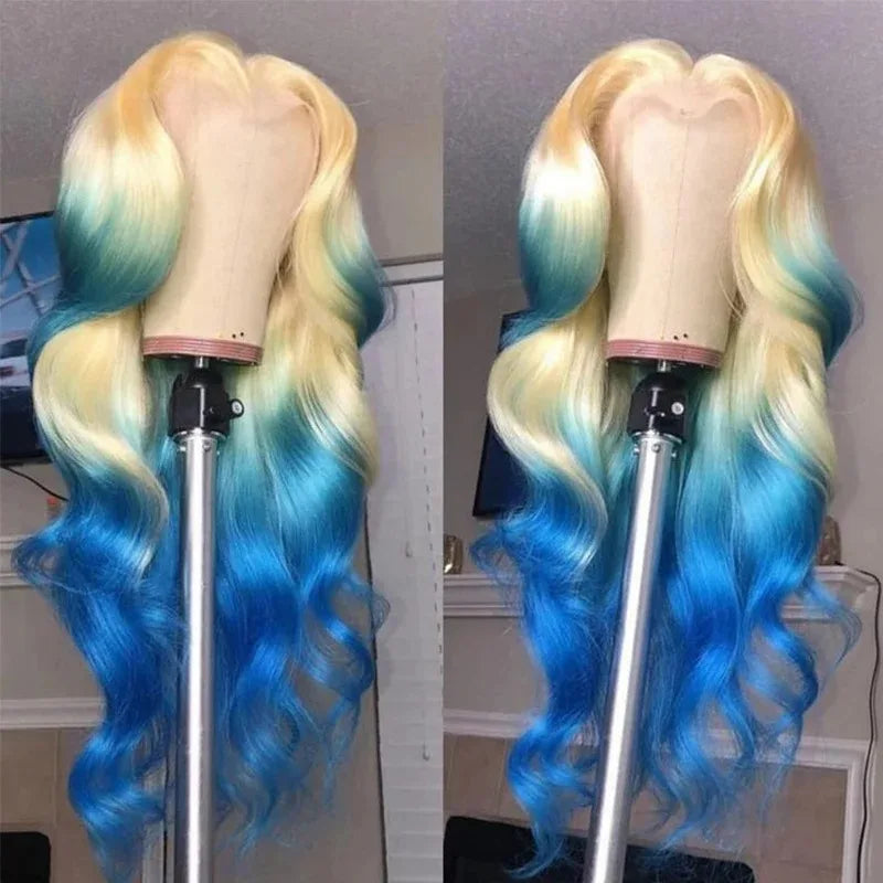 HD Transparent 13x4 Lace Frontal Wig – Ombre Blonde Body Wave (Blue Highlight)