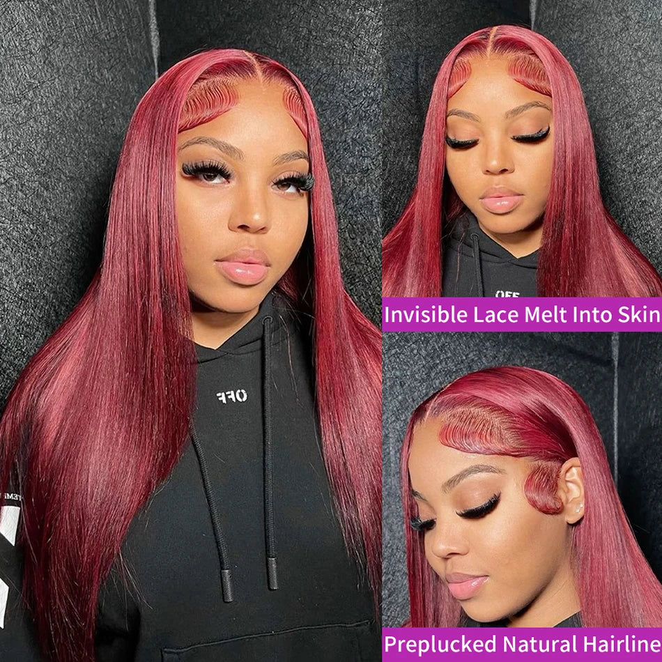 99J Burgundy 13x6 HD Lace Frontal Wig – 250% Density Brazilian Straight Human Hair (30-40")