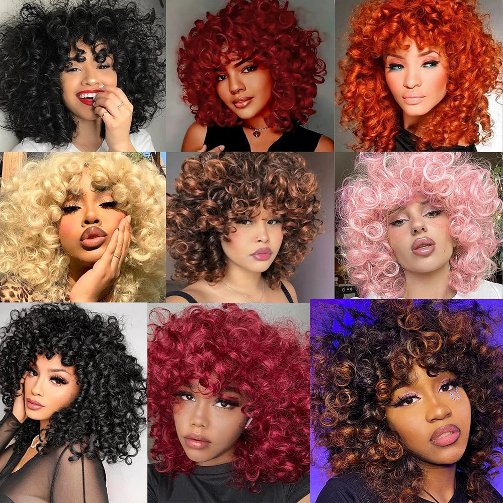 Beginner Friendly Glueless Red Curly Wig - Natural Look Short Afro Style with Bangs