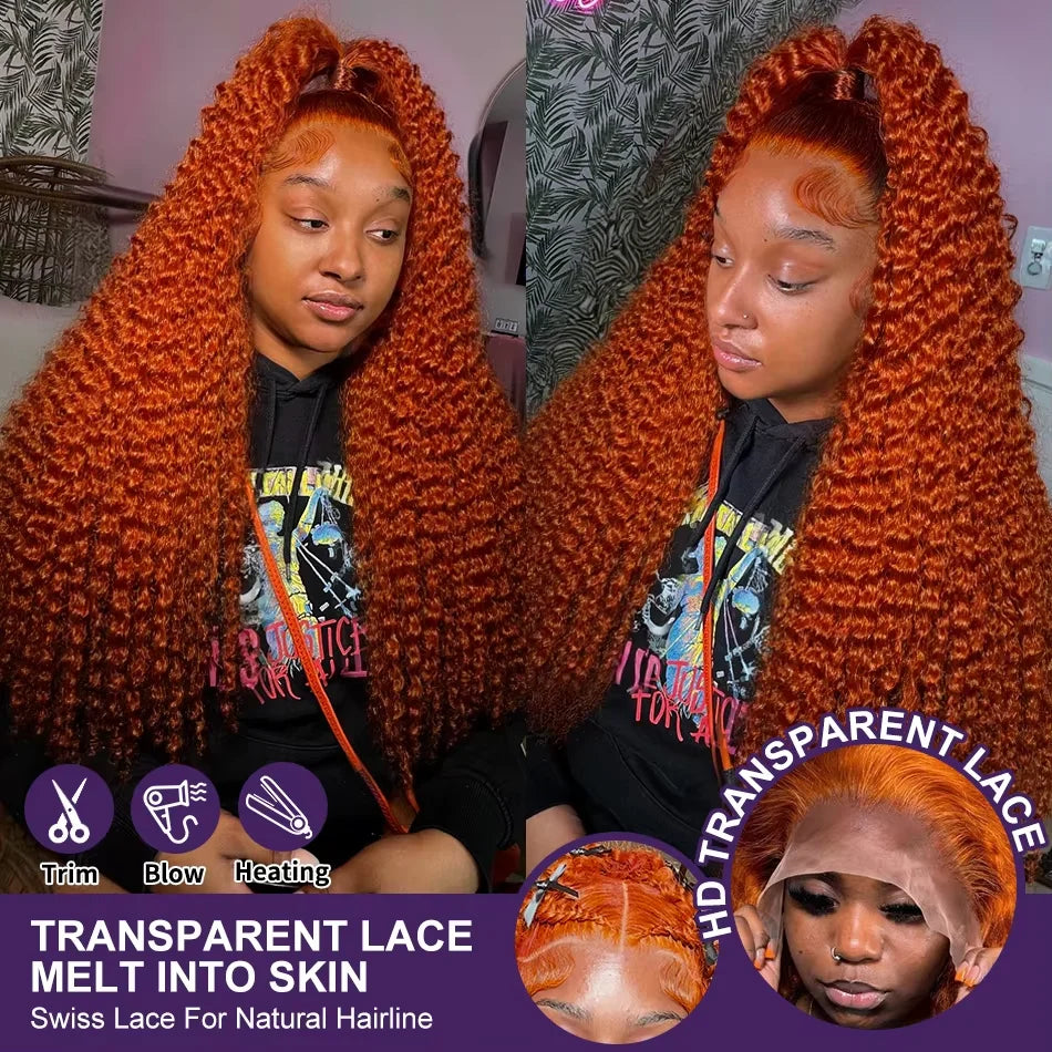 Ultra-Thick 260% Density Water Wave Ginger Orange HD Lace Wig - 34” Deep Curly Human Hair Frontal Wig - Undetectable 13x4 or 13x6 Lace
