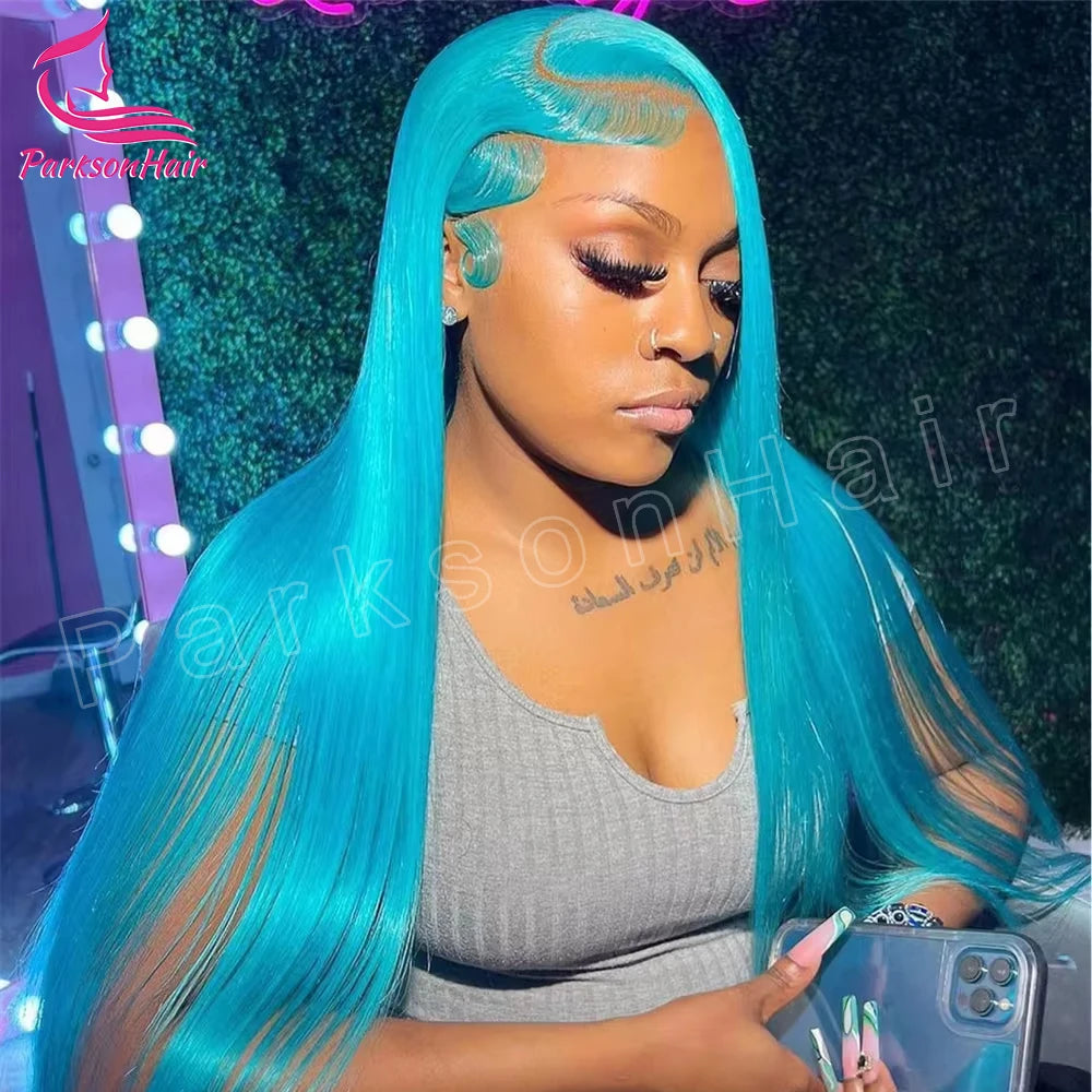Electric Blue Straight 13x6 Transparent Lace Frontal Wig – 250% Density Brazilian Human Hair