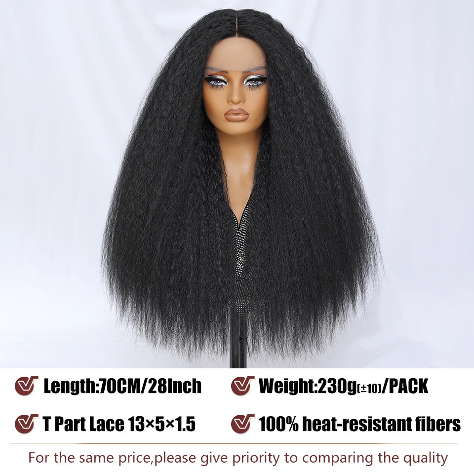 28-Inch Synthetic Kinky Straight T-Part Lace Wig | Heat Resistant Fiber