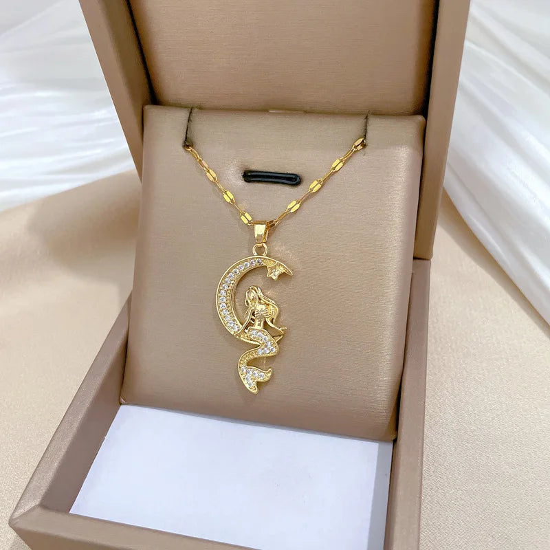Mermaid Moon Celestial Necklace in Polished Stainless Steel – Tarnish-Free