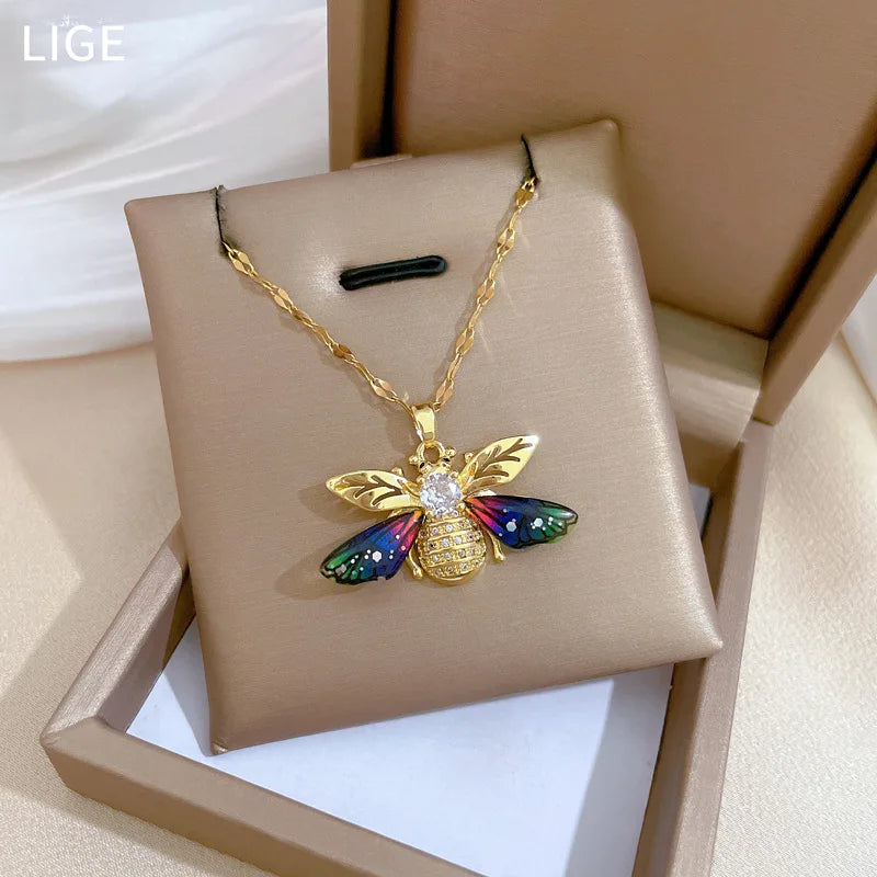 DIEYURO Colorful Zircon Bee Pendant Necklace –316L Stainless Steel