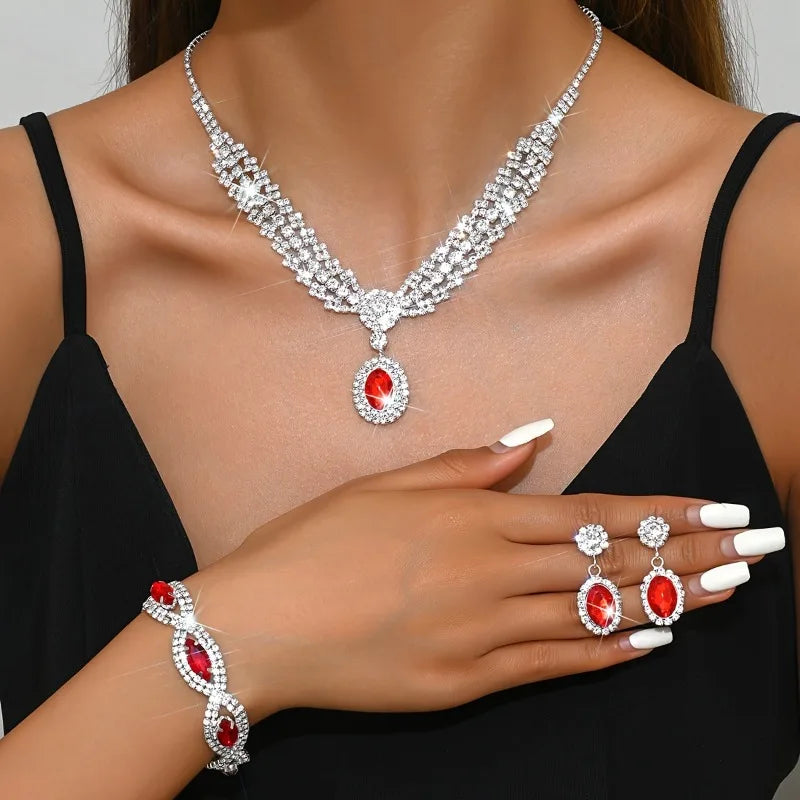 Elegant Rhinestone Necklace & Drop Earrings Set