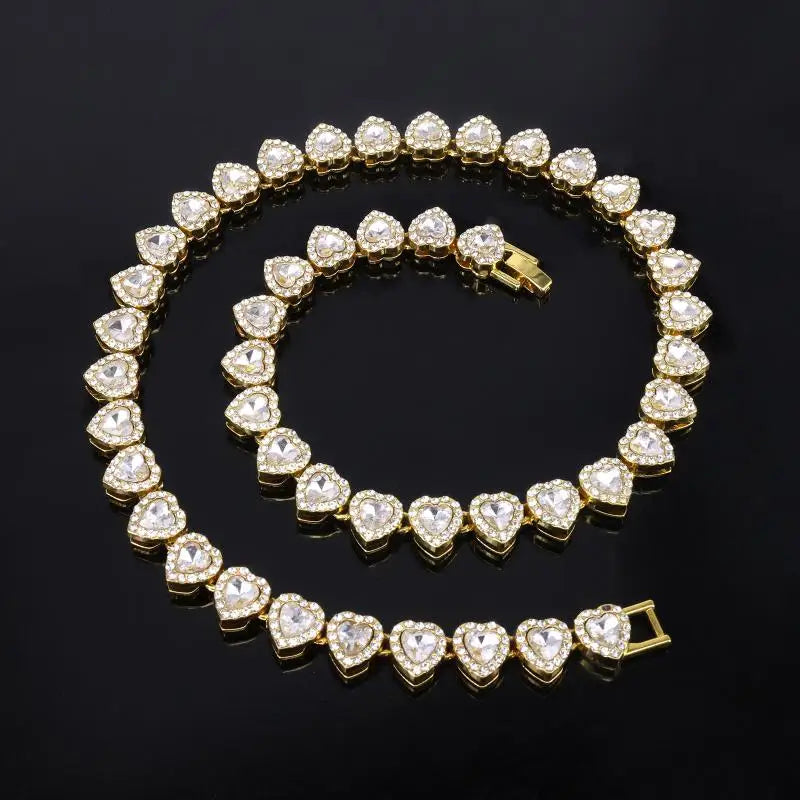 45cm CZ Heart Tennis Chain Set – Shiny Rhinestone Necklace & Bracelet Hip Hop Party Jewelry
