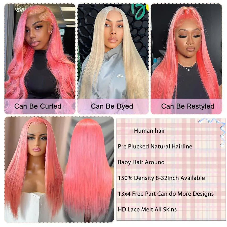 💖 30 Inch Pink Straight HD Lace Front Wig – 13x6 Human Hair Wig, Pre-Plucked Brazilian Virgin Hair, 200% Density