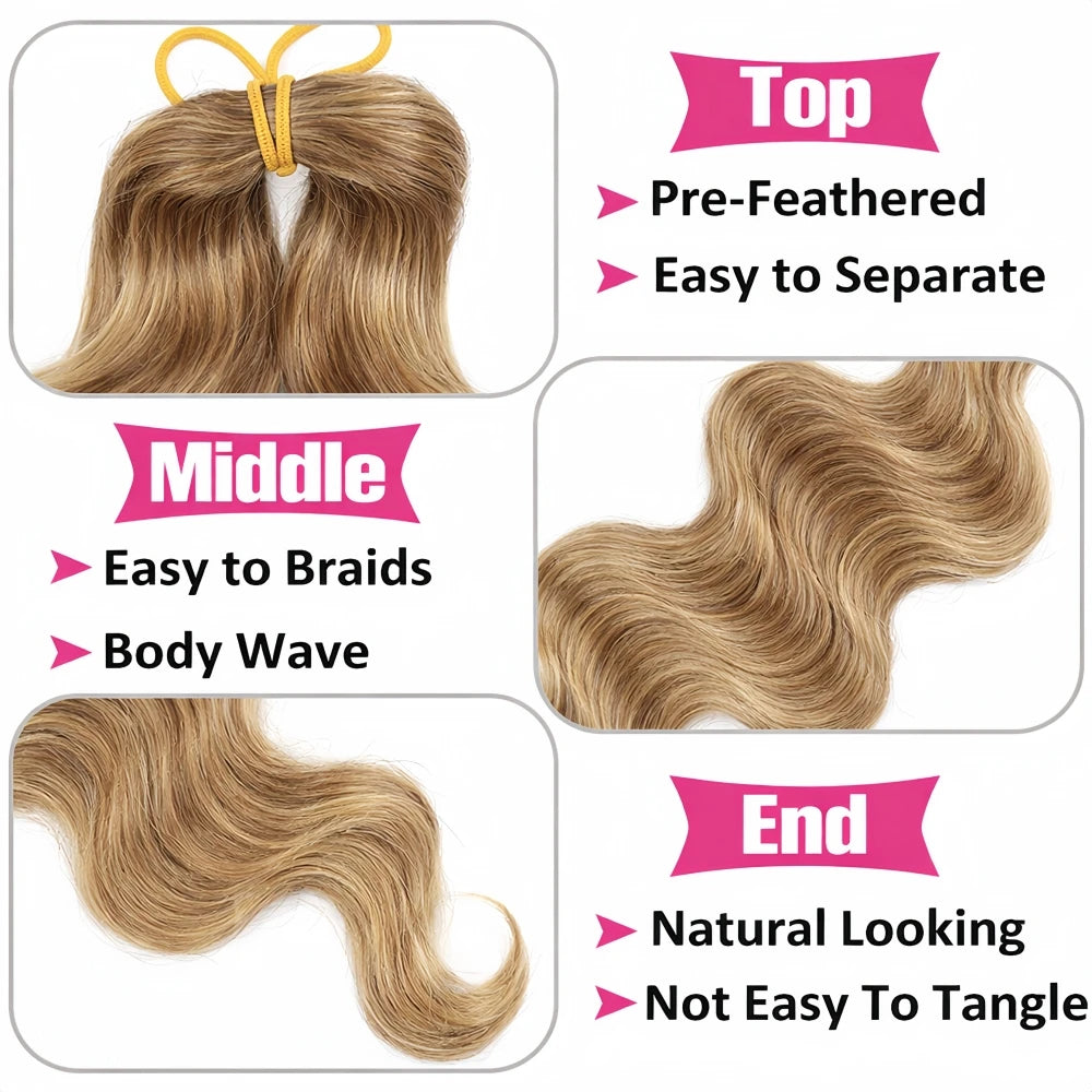 Honey Blonde #27 Highlight Bulk Human Hair for Boho Braids - Reusable Body Wave Brazilian Hair for Knotless Styles