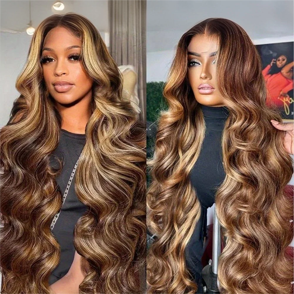 Glueless 4/27 Highlight Body Wave Human Hair Wig | 30-Inch Honey Blonde HD Frontal