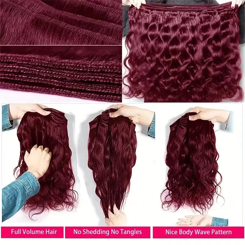 Burgundy Body Wave Bundles: 99j Wine Red 100% Unprocessed Human Hair (16A Grade Raw Hair)