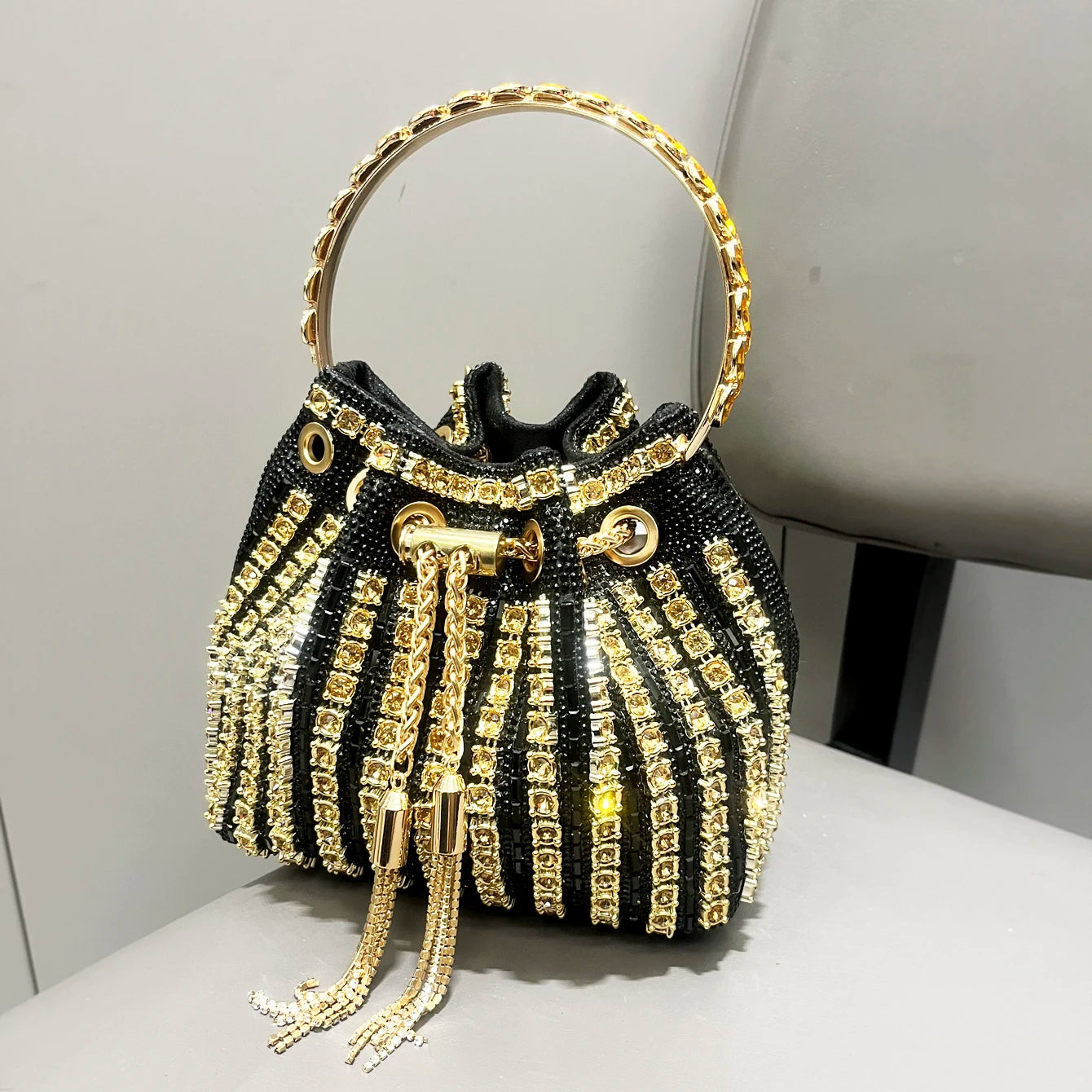 Luxury Crystal Rhinestone Bucket Bag - Elegant Evening Clutch & Shoulder Purse