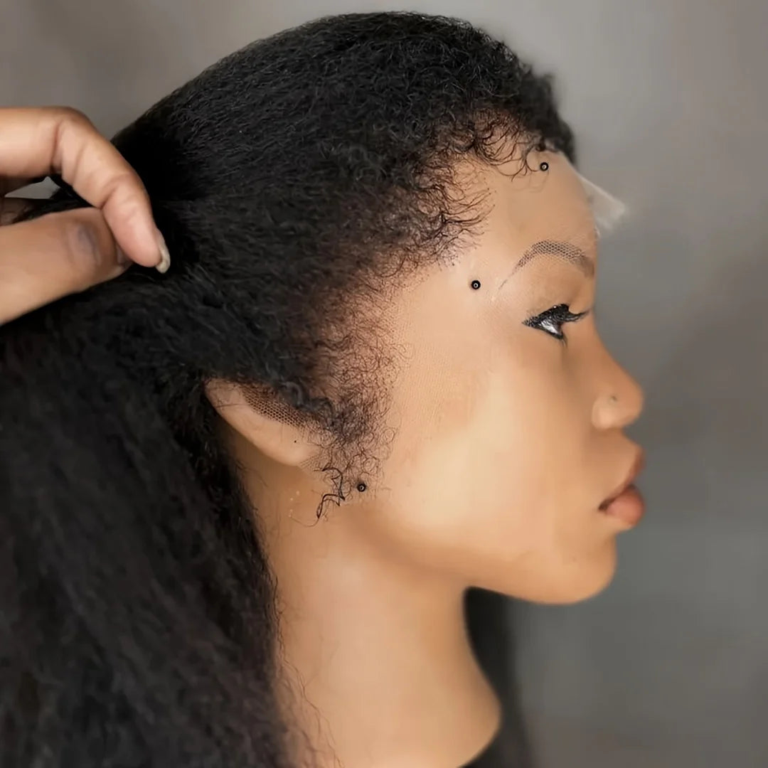 Natural Hairline Yaki Kinky Straight Wig - 26 inch Soft Black Synthetic Wig, 180% Density Pre-Plucked with Afro Baby Hair